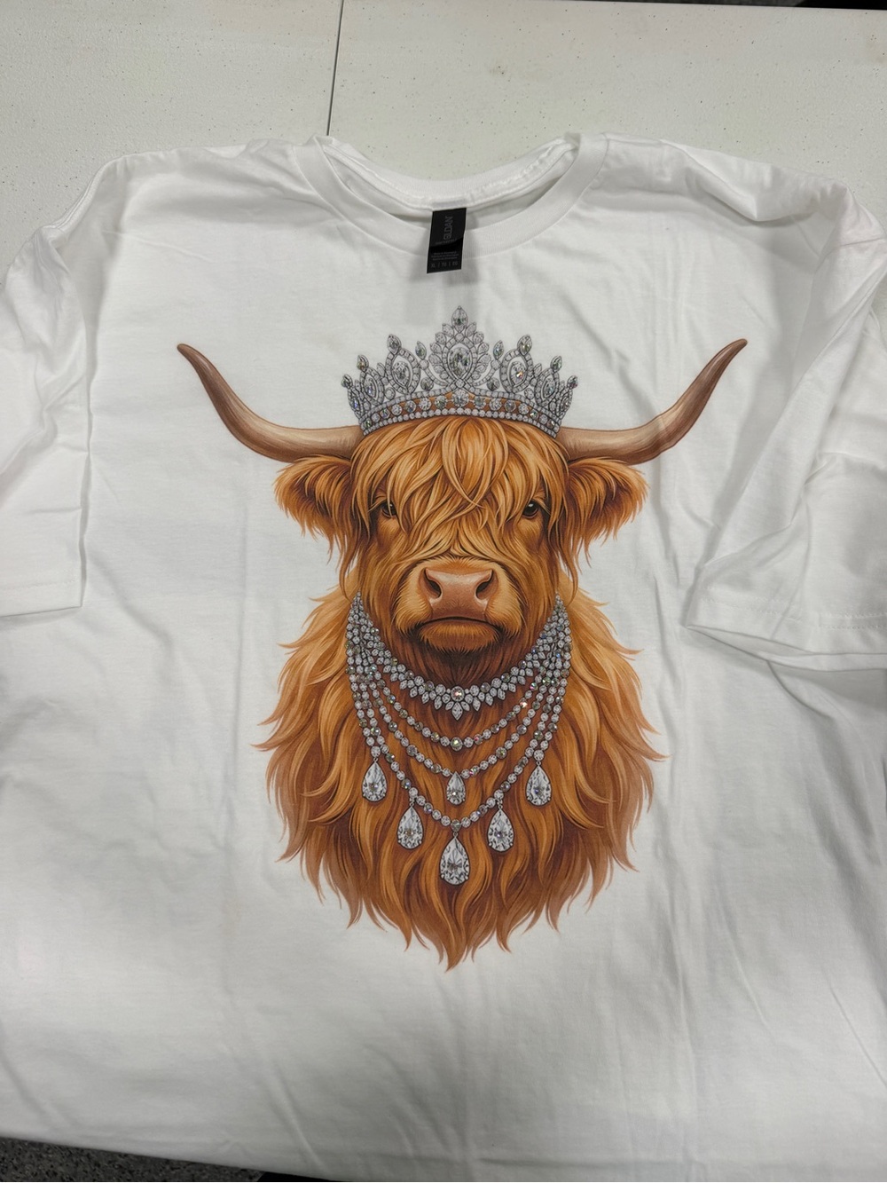 White Short Sleeve Tee with Rhinestone Highland Cow Graphic
